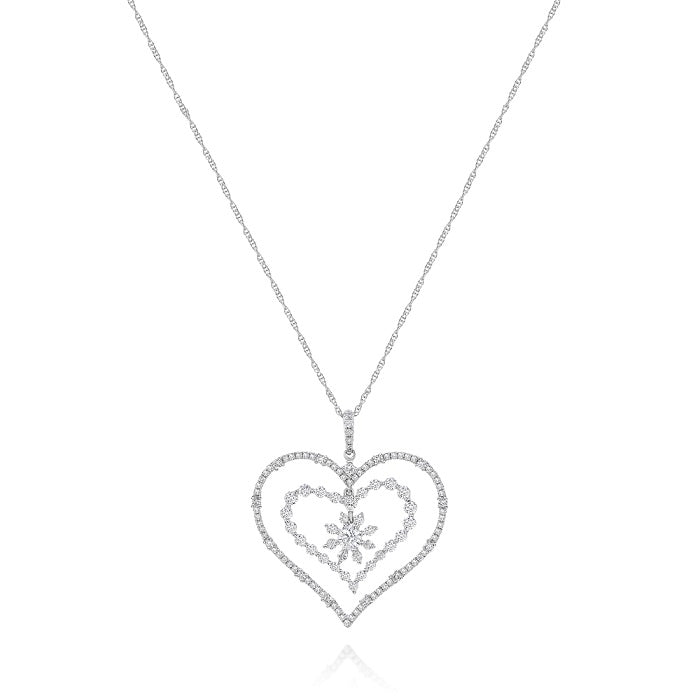 1.51 ct. Diamond 14K White Gold 3D Double Heart Snowflake Love Floating Pendant