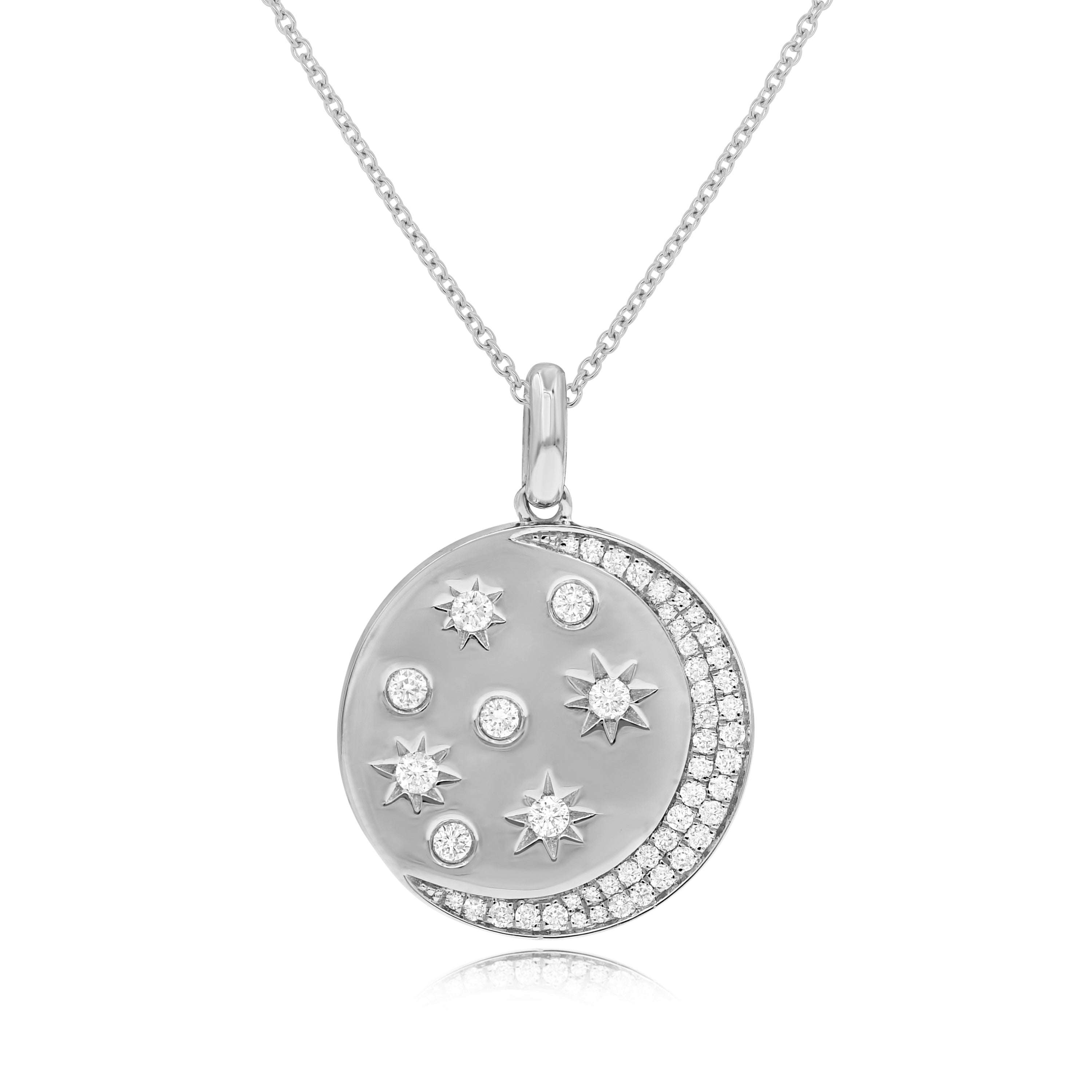 0.48 ct. Diamond 14K White Gold Moon & Stars Celestial Disc Pendant
