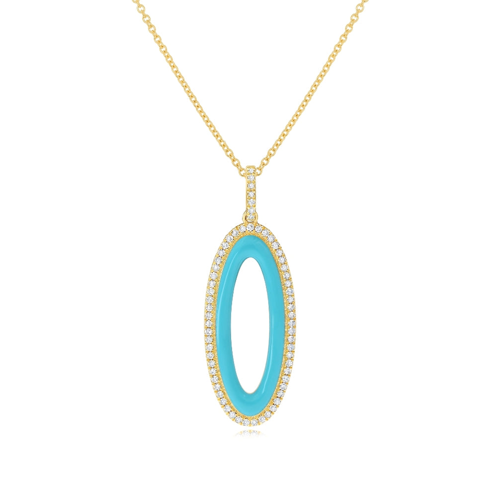 0.33 ct. Diamond 14K Yellow Gold Turquoise Enamel Oval Pendant