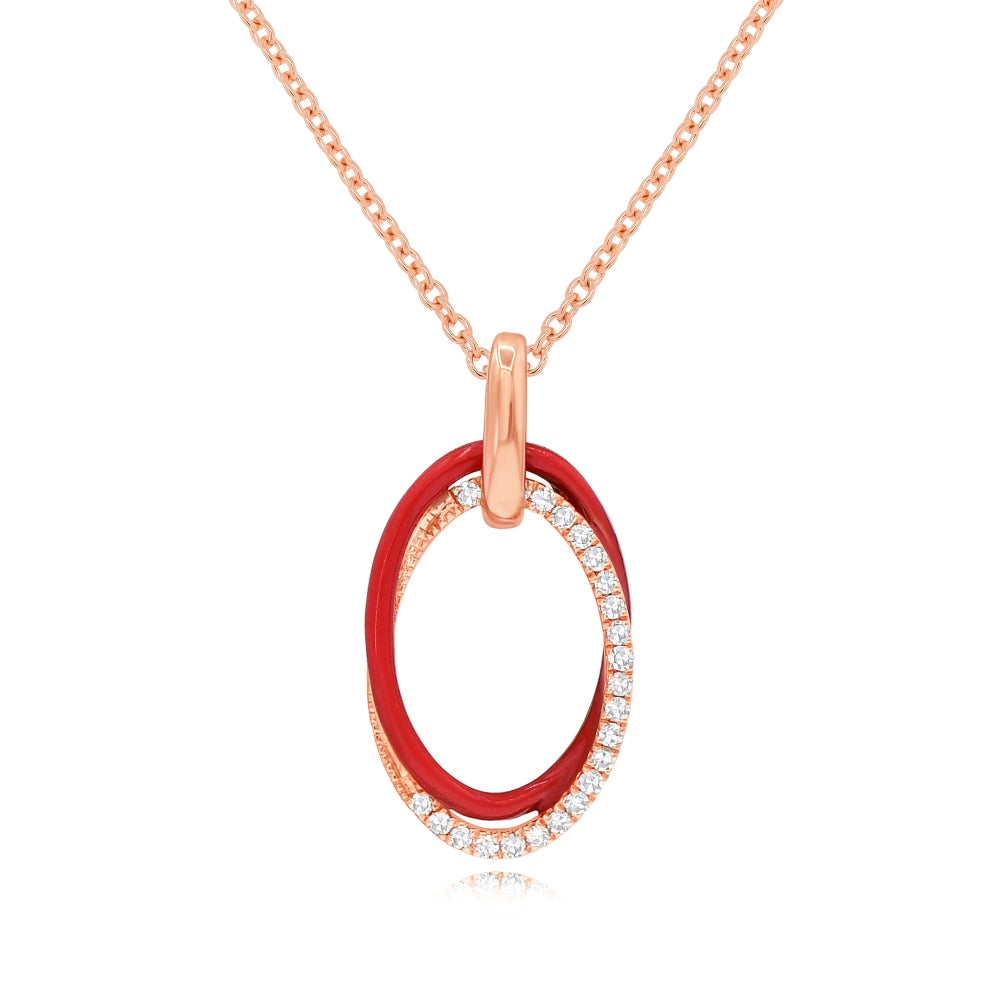 0.13 ct. Diamond 14K Rose Gold Red Enamel Double Interlocking Oval Pendant