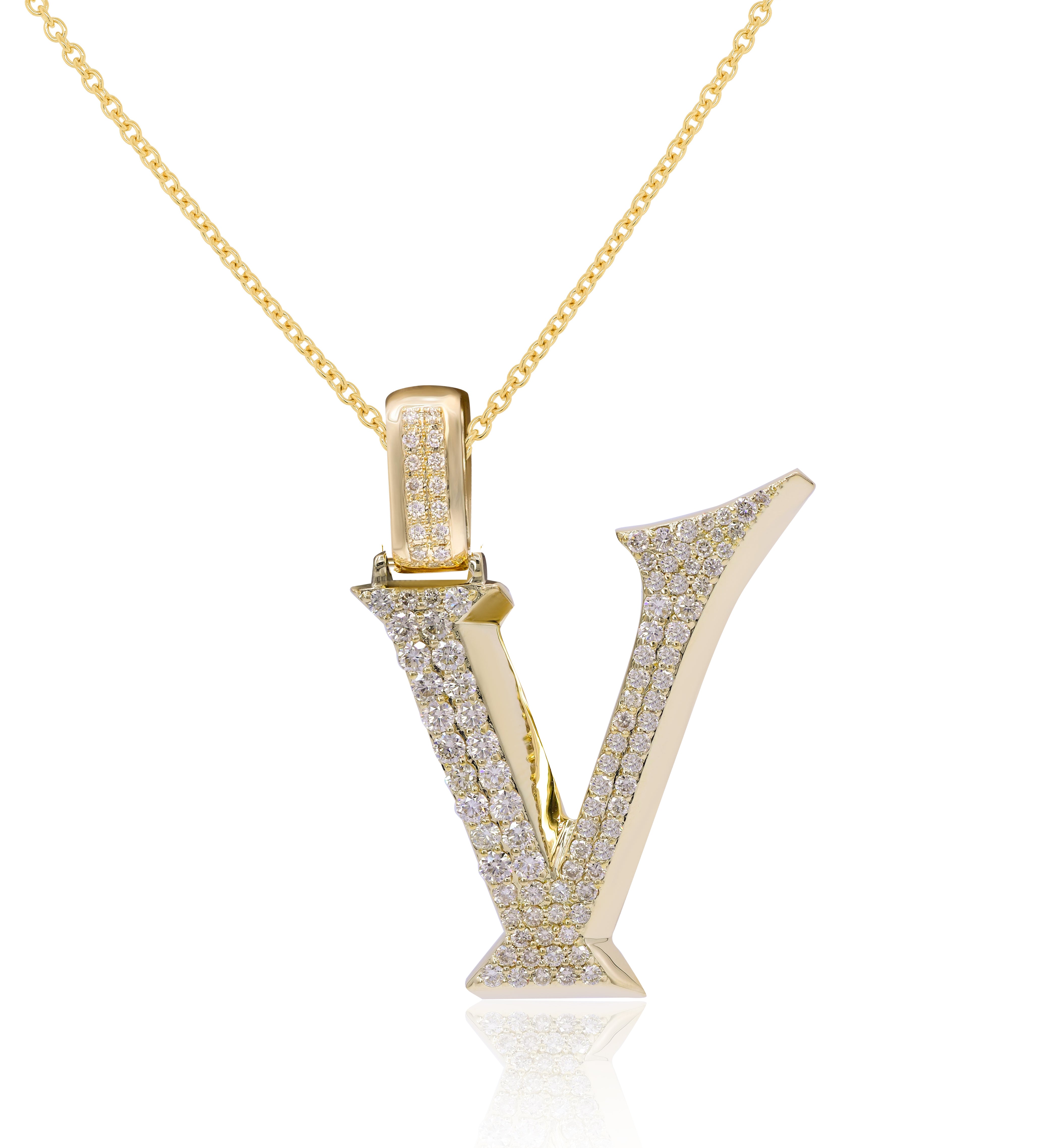 1.66 ct. Diamond 14K Yellow Gold 'V' 3D Initial Pendant