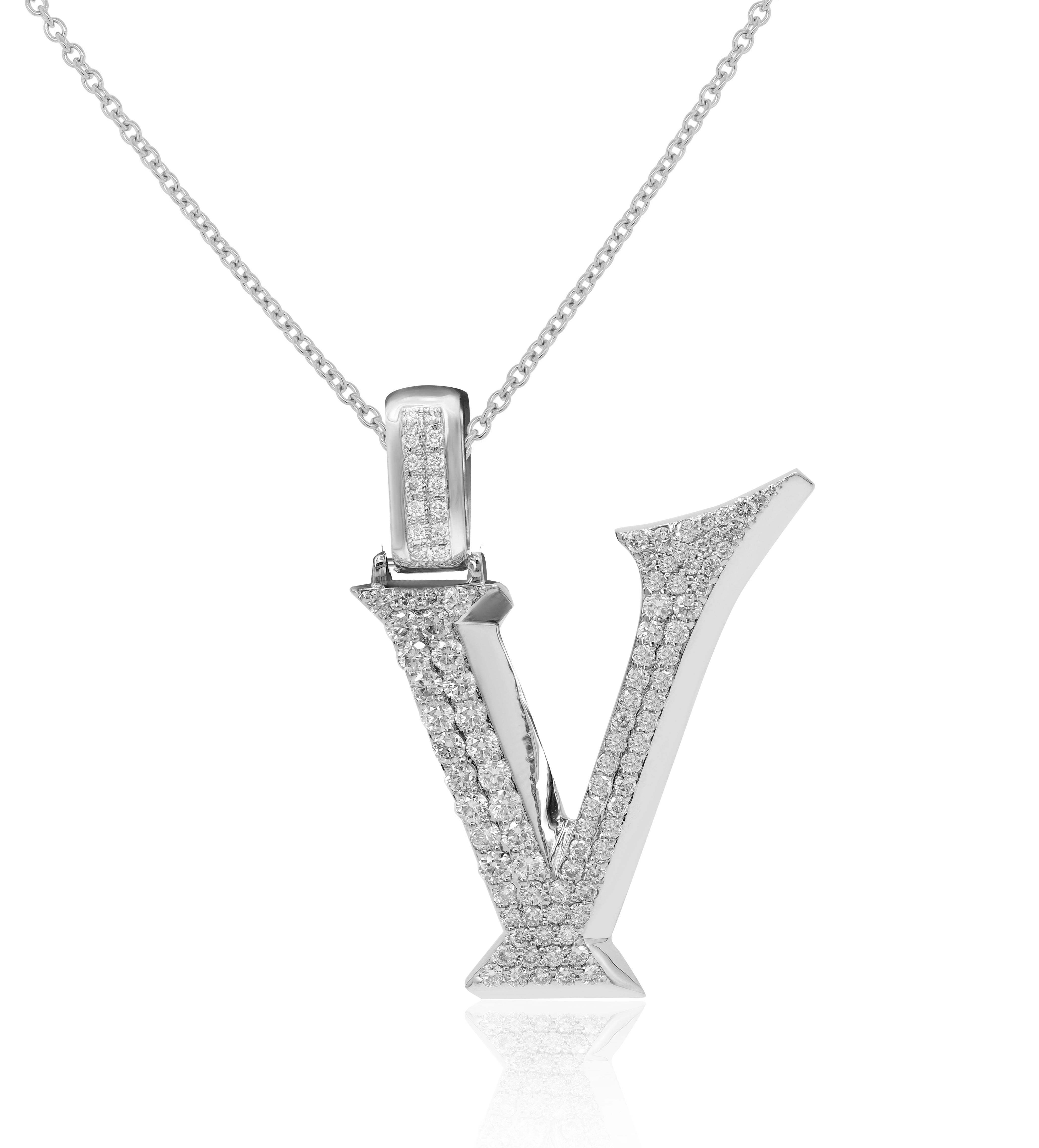 1.52 ct. Diamond 14K White Gold 'V' 3D Initial Pendant
