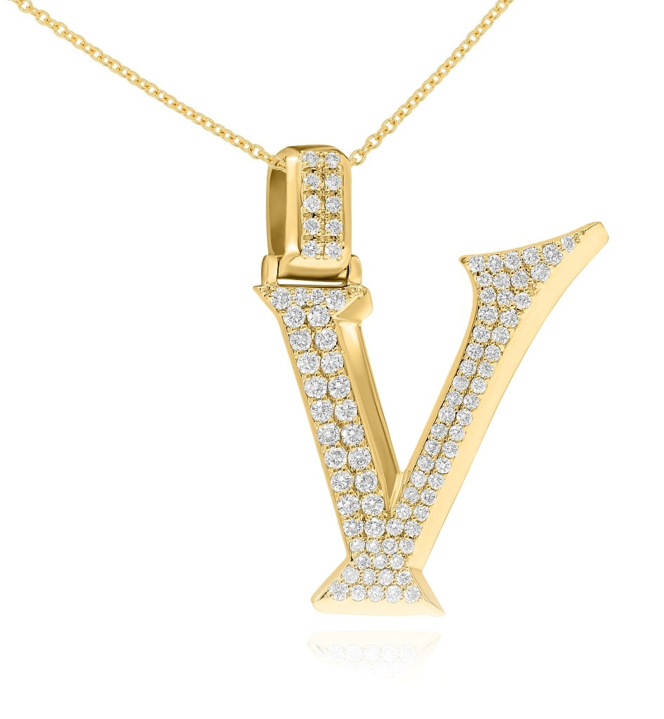 0.73 ct. Diamond 14K Yellow Gold 'V' 3D Initial Pendant