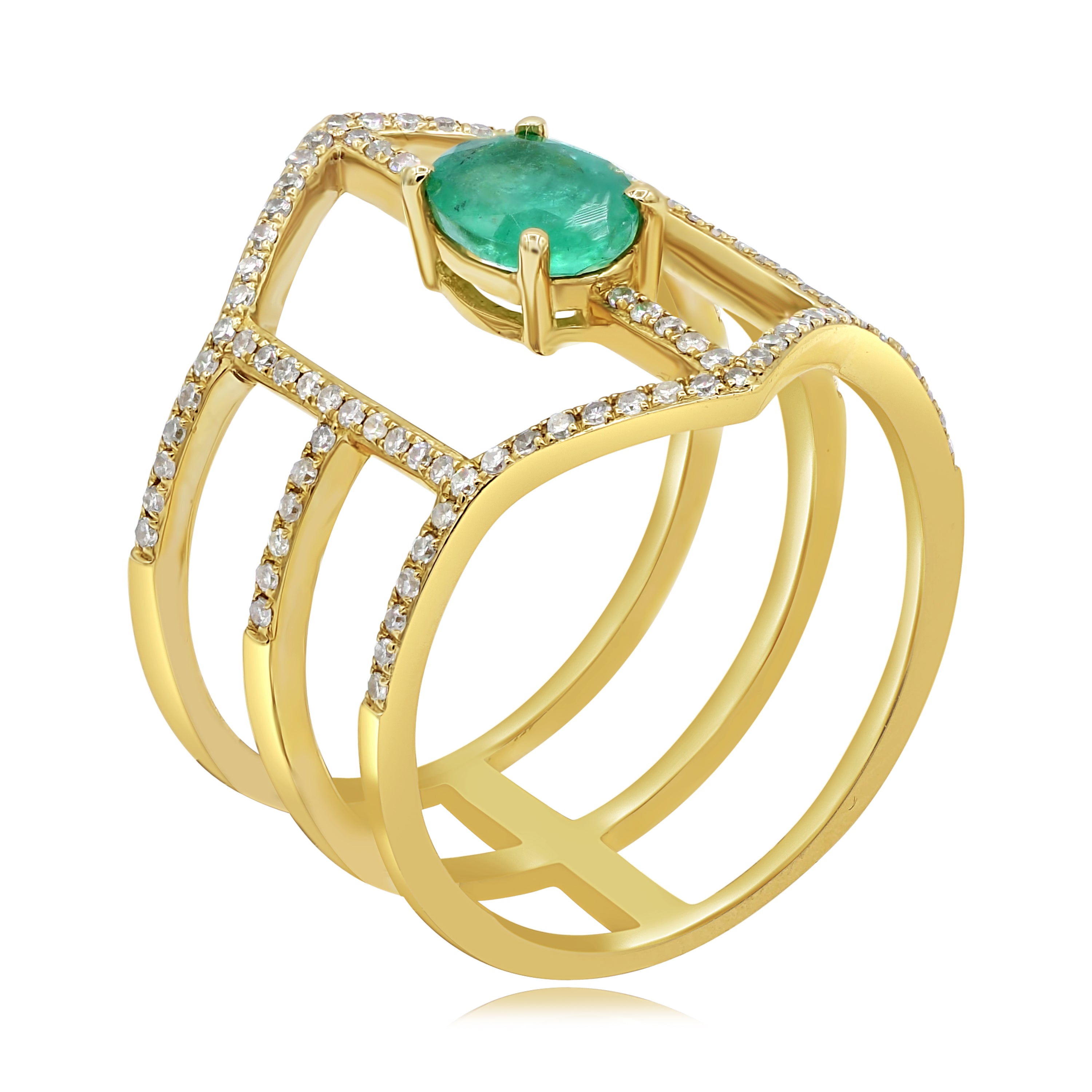 0.69 ct. Emerald & 0.34 ct. Diamond 14K Yellow Gold 3 Row Wide Ring