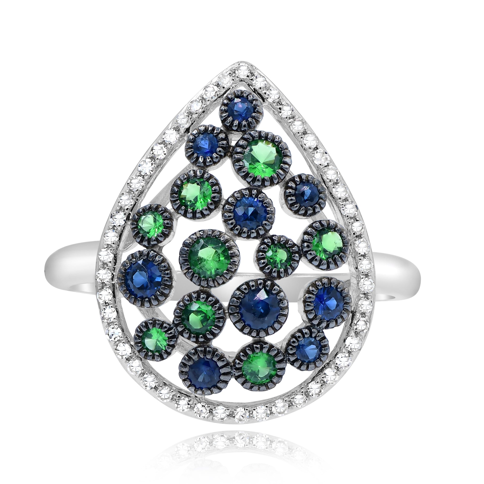 0.3 ct. Sapphire, 0.25 ct. Garnet & 0.15 ct. Diamond 14K White Gold Open Teardrop Cluster Ring