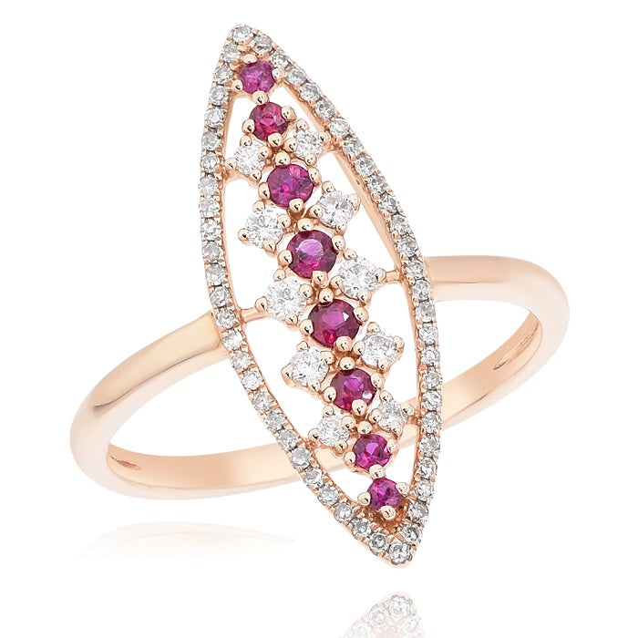 0.2 ct. Ruby & 0.23 ct. Diamond 14K Rose Gold 3D Multi Flower Marquise Shape Ring