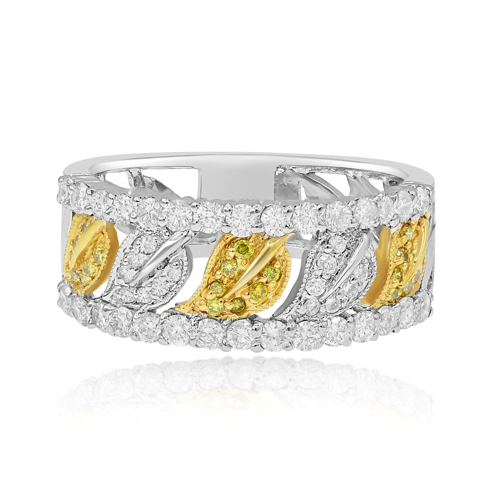 0.81 ct. Yellow & White Diamond 18K Two Tone Gold Leaf & Filigree Ring