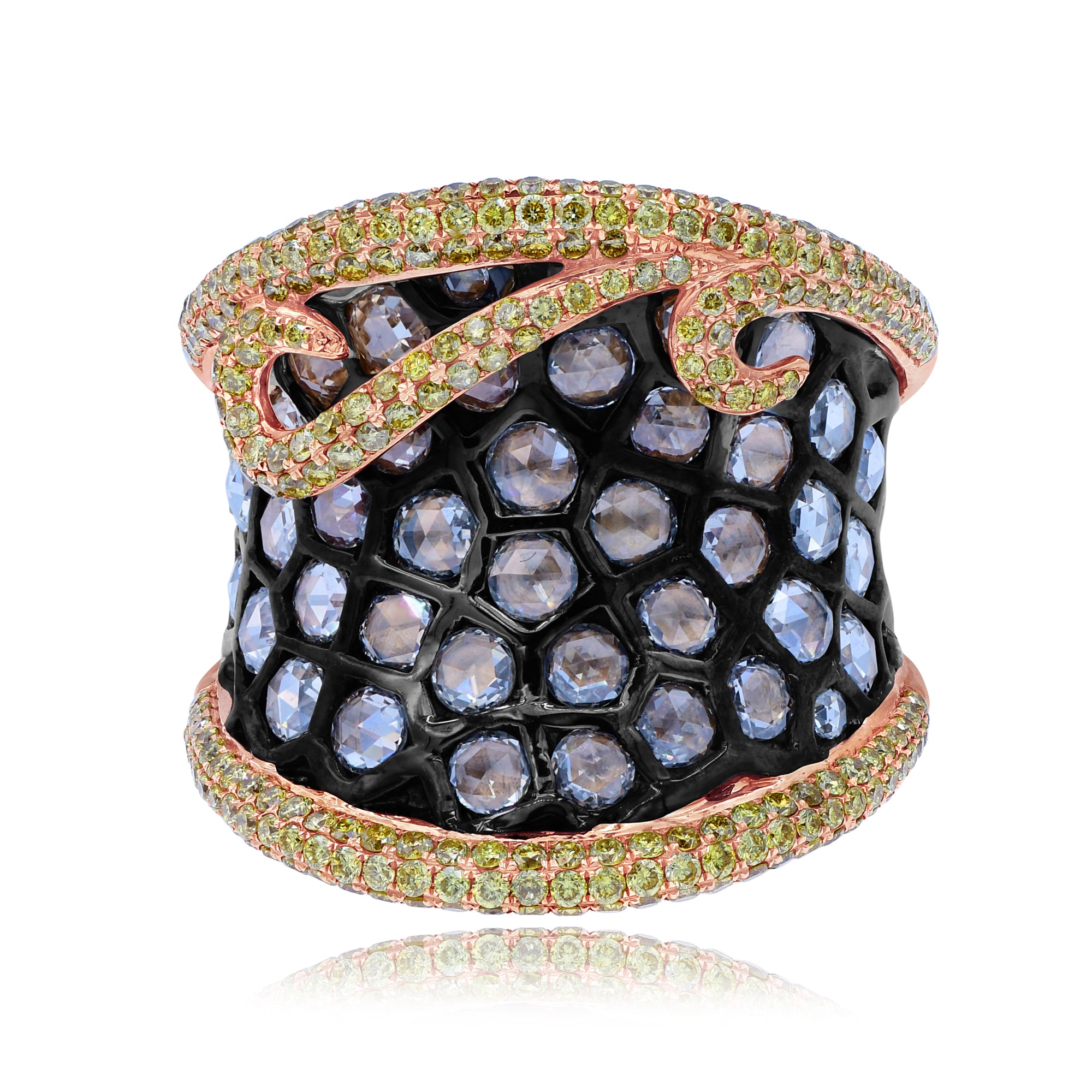 1.48 ct. Yellow Diamond & 2.56 ct. Rose Cut Diamond 18K Rose Gold Statement Ring