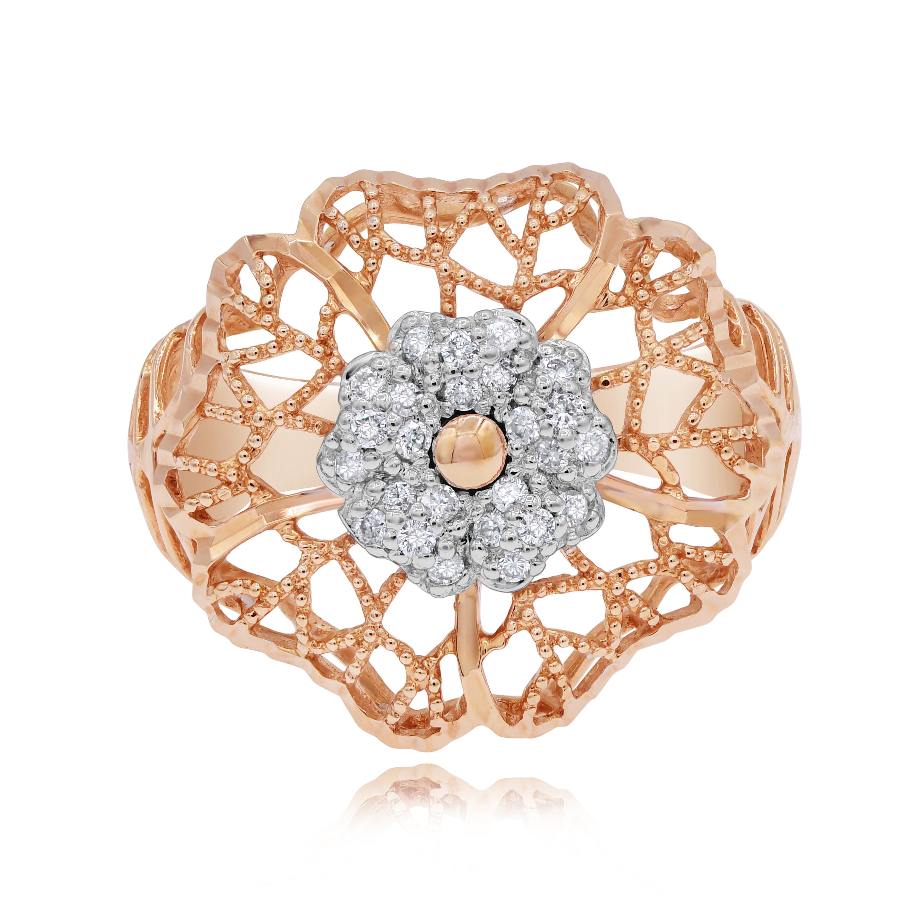 0.21 ct. Diamond 18K Rose Gold Flower Rose Floral Filgree Ring
