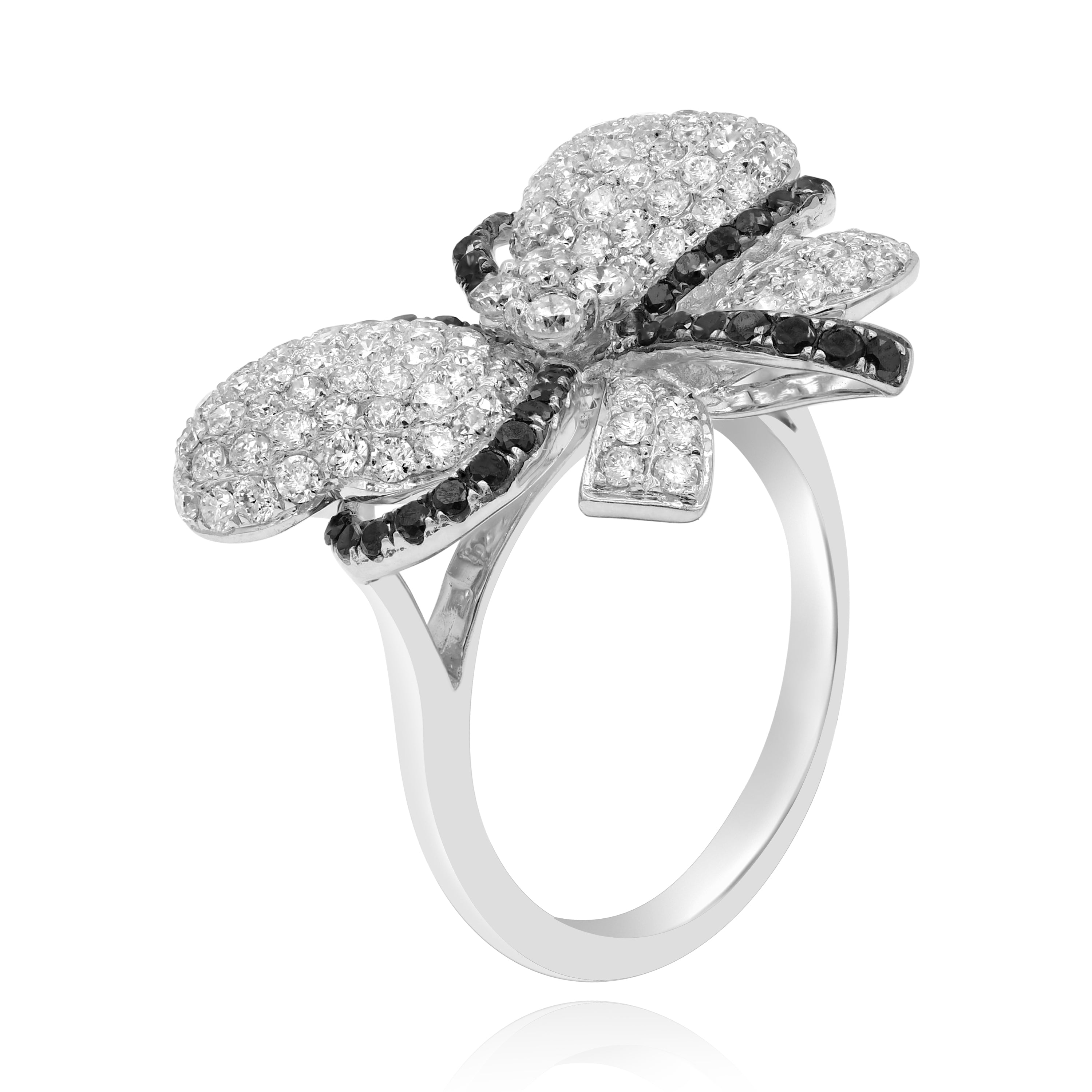 1.85 ct. Black & White Diamond 18K White Gold Butterfly Flower Bow Love Ring