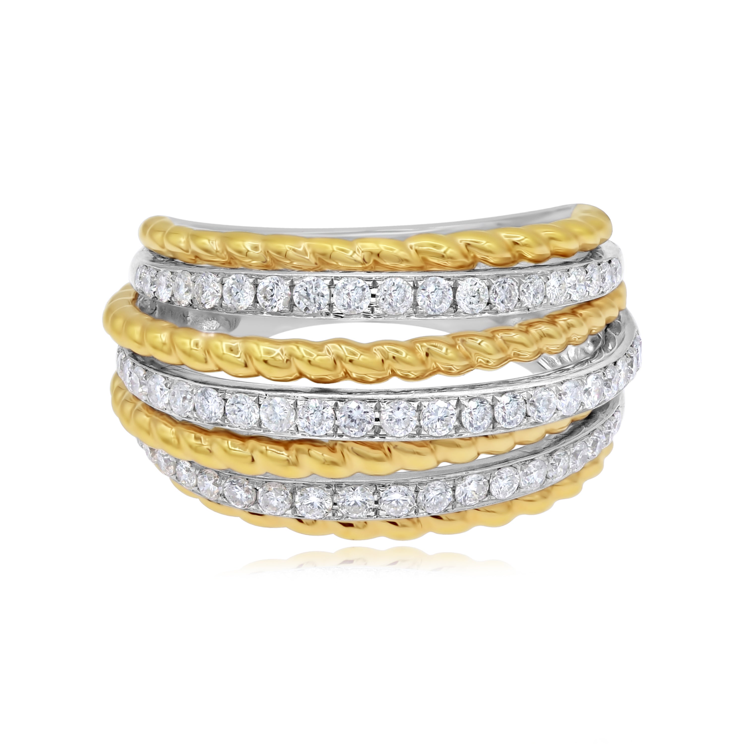 0.85 ct. Diamond 18K Two Tone Gold Rope-Textured Multi-Row Ring