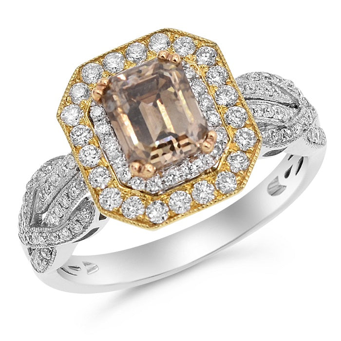 1.33 ct. Brown Diamond & 0.65 ct. Diamond 18K Two Tone Gold Twisted Split Shank Halo Ring