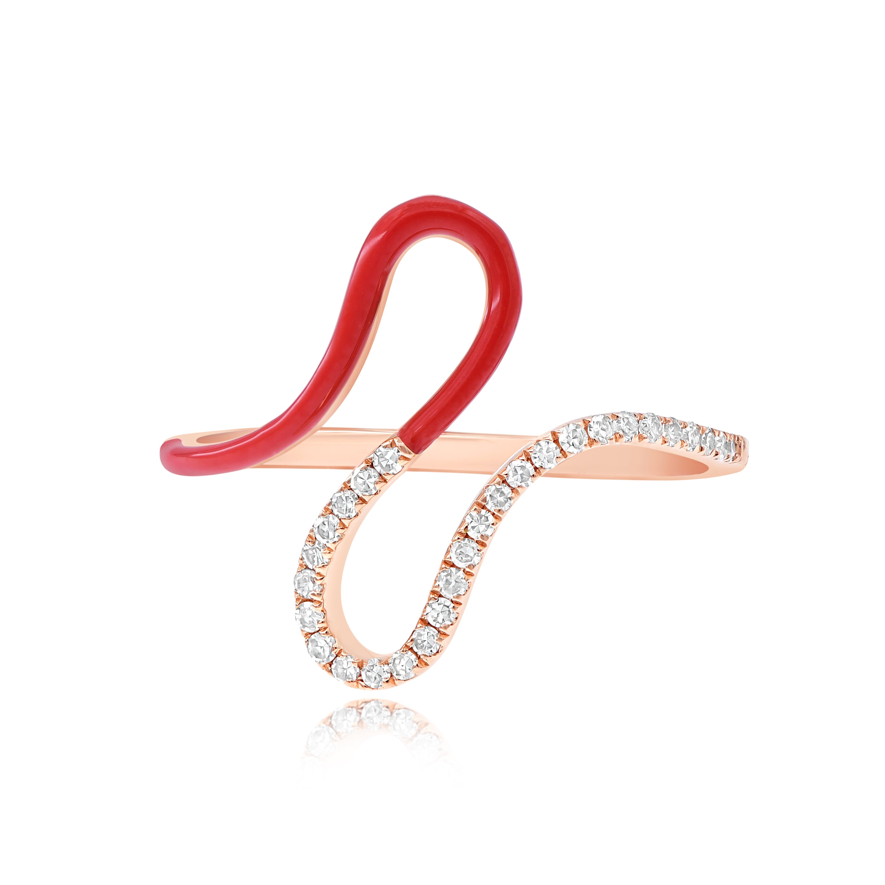 0.15 ct. Diamond 14K Rose Gold Red Enamel Wave Ring