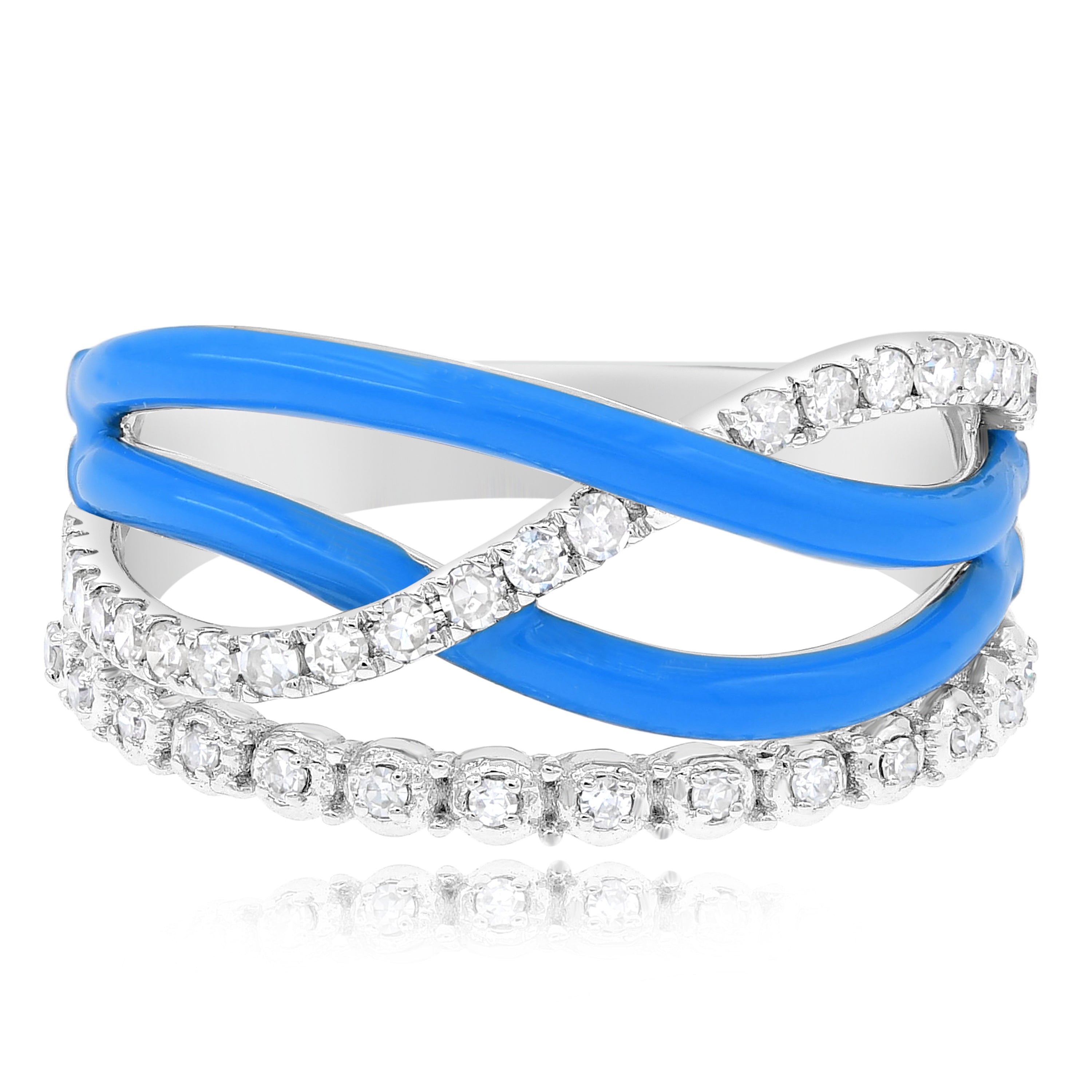 0.31 ct. Diamond 14K White Gold Blue Enamel Crisscross Wave Ring