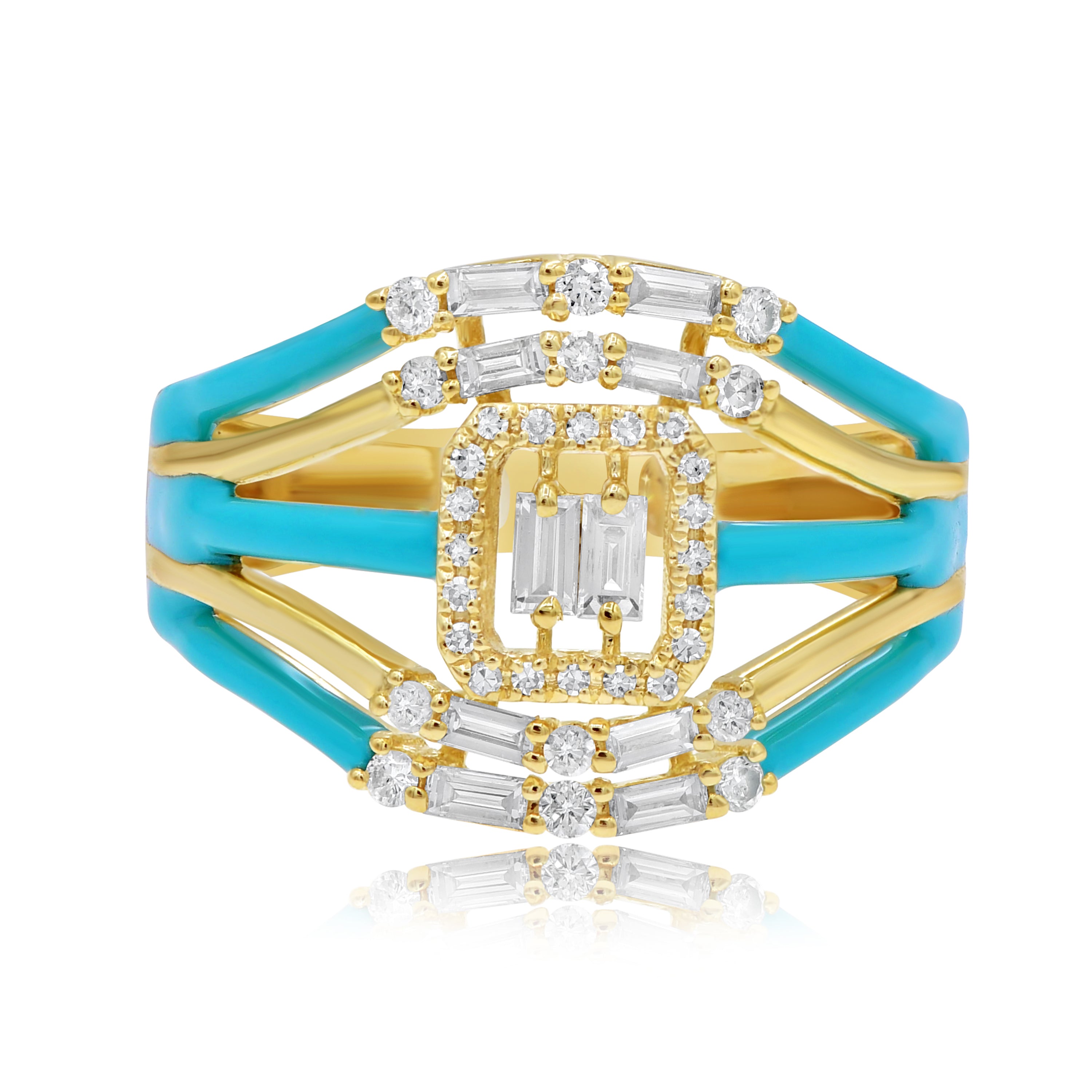 0.48 ct. Diamond 14K Yellow Gold Turquoise Enamel Multi-Row Open Shank Ring