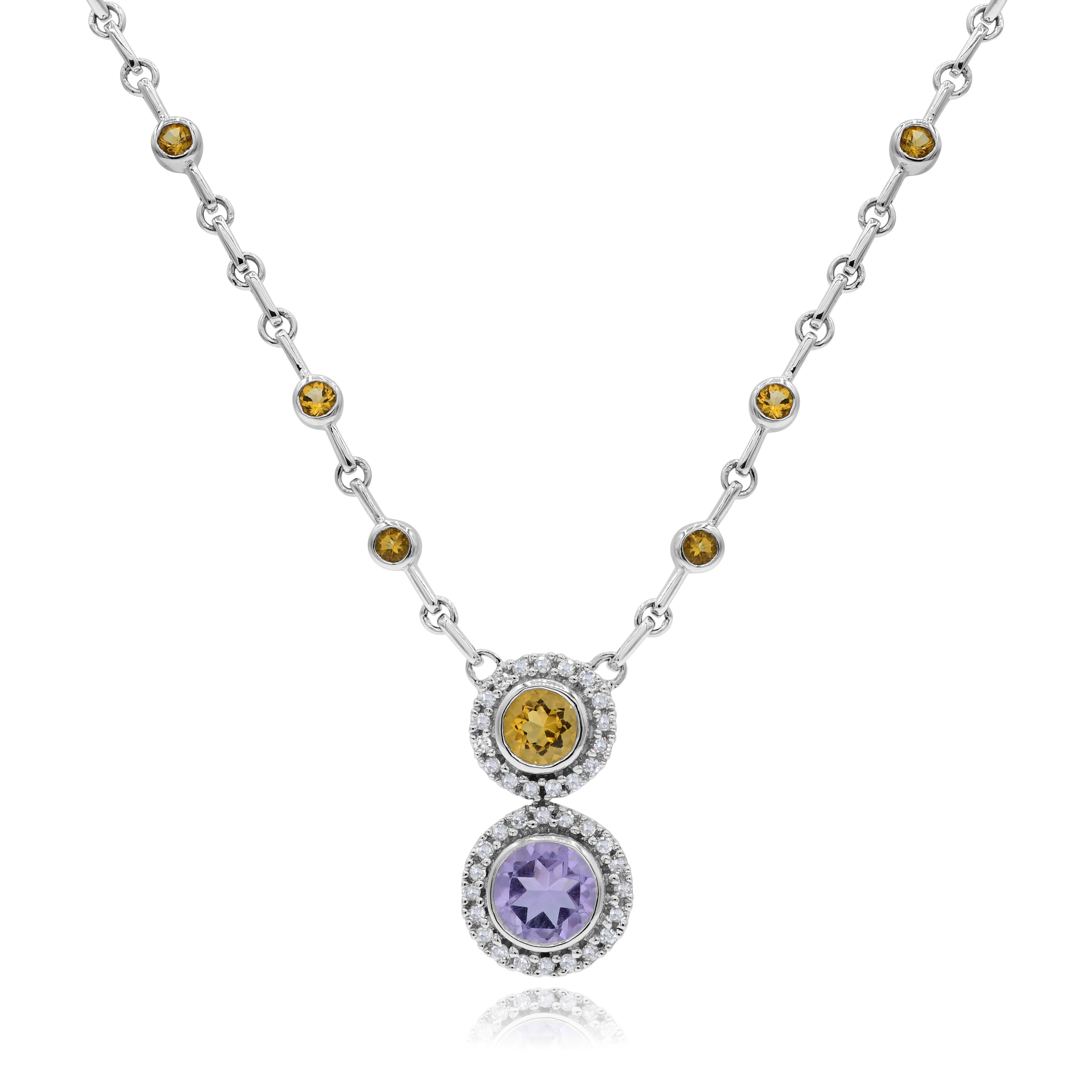 0.79 ct. Amethyst, 0.61 ct. Citrine & 0.19 ct. Diamond 14K White Gold Halo Two Stone Pendant Necklace
