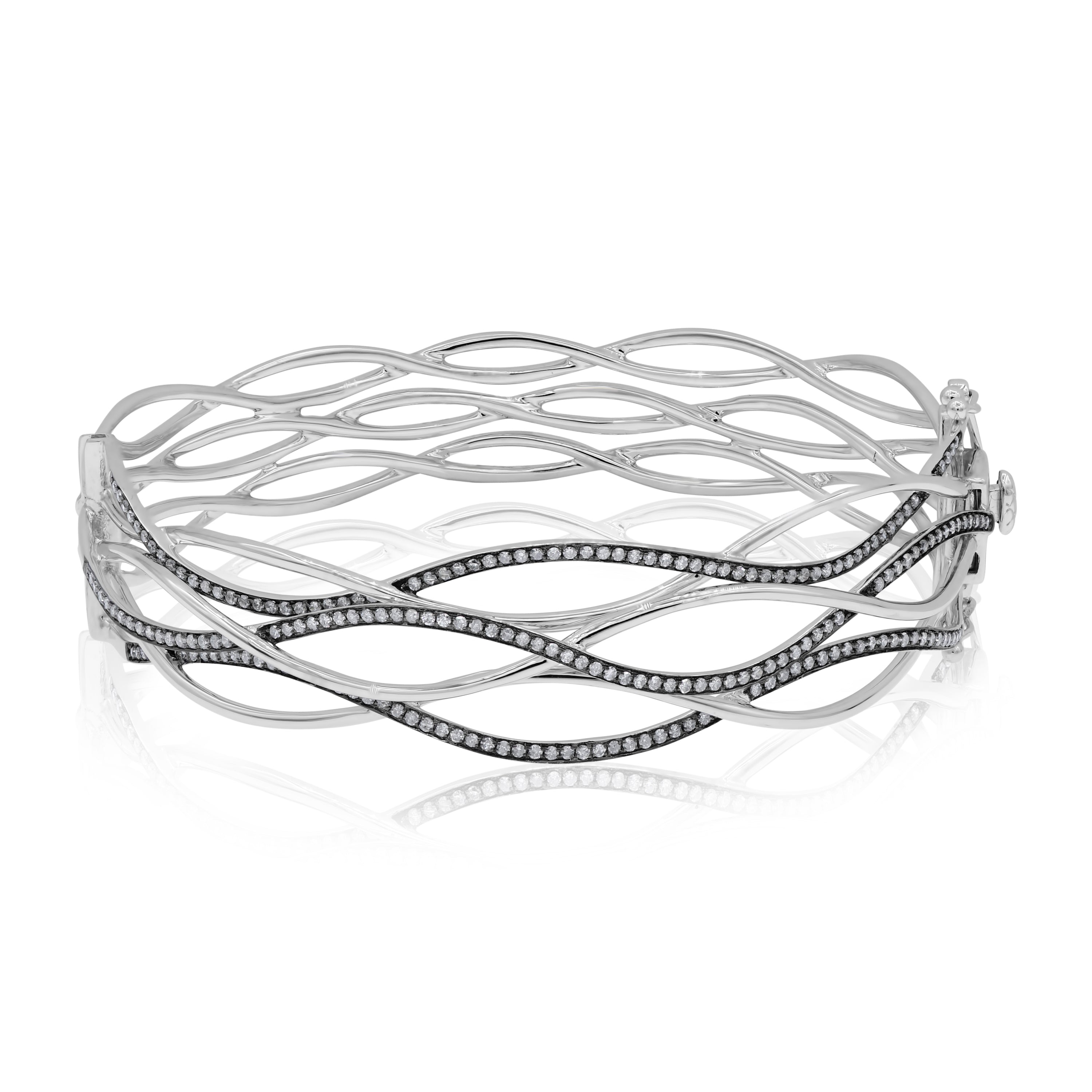 0.97 ct. Diamond 18K White Gold Wide 6 Row Wave Hinged Cuff Bracelet