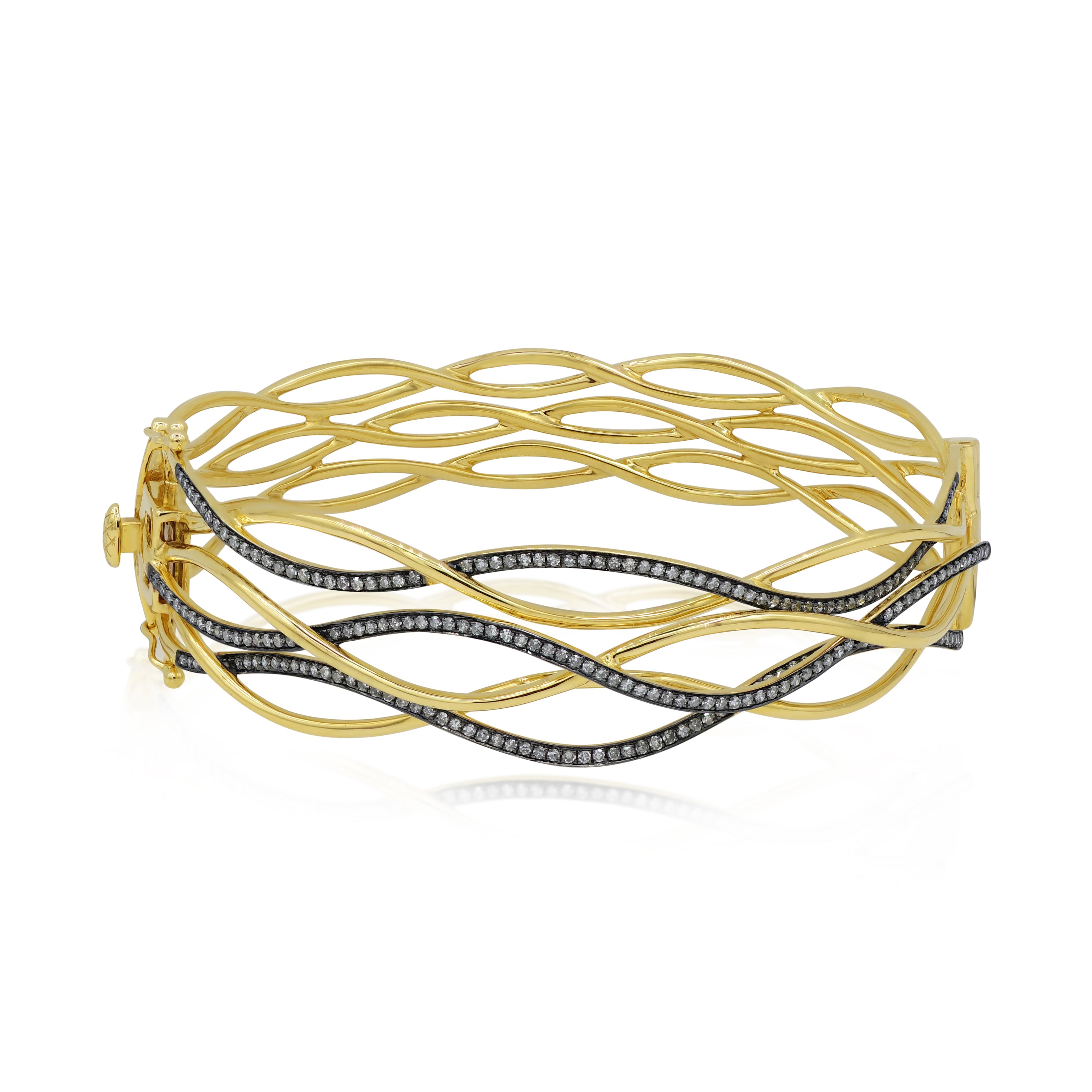 0.97 ct. Diamond 18K Yellow Gold Wide 6 Row Wave Hinged Cuff Bracelet