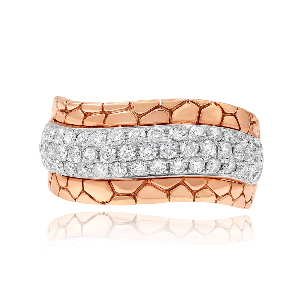 1.06 ct. Diamond 14K Two Tone Gold Cracked Textured 3 Row Band